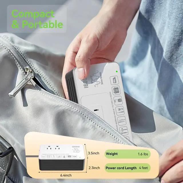 Alt view image 6 of 7 - 1600W 220V to 110V Converter, Power 110V Appliances in 220250V Countries | Pure Sine Wave Voltage Converter US to Europe International Travel, No Load-Type Restrictions - Plug & Play, Surge Protected