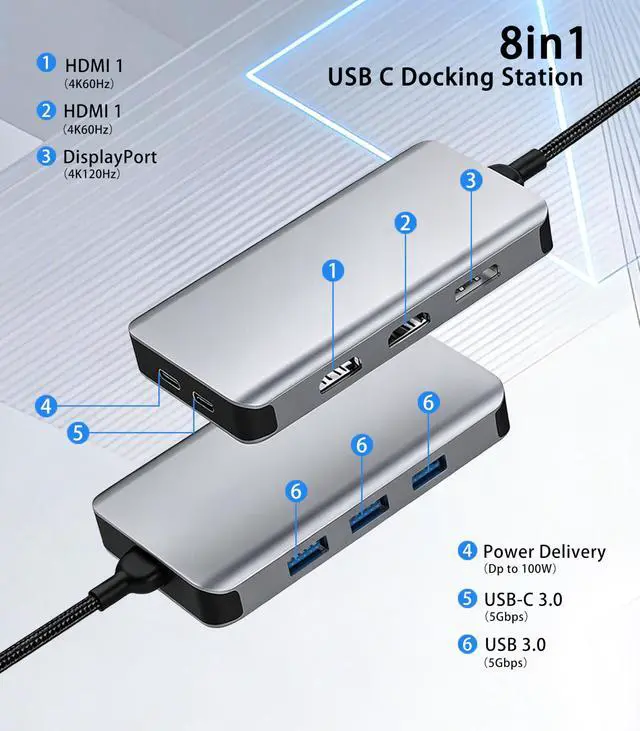 Alt view image 2 of 7 - USB C Docking Station Dual Monitor,Laptop Docking Station 3 Monitors Triple 4K Display with 2 HDMI, DisplayPort,100W PD Charging,USB 3.0 Ports Multiport Adapter for Dell, HP, Lenovo,etc