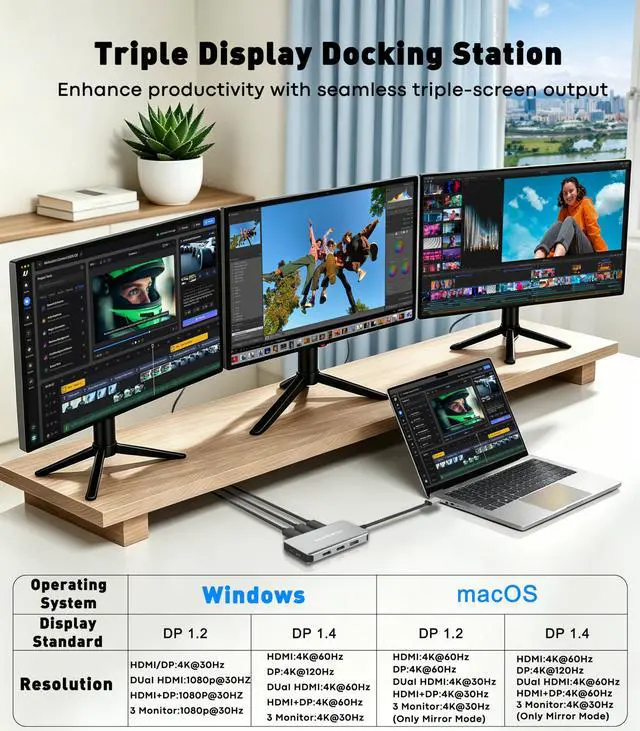 Alt view image 3 of 7 - USB C Docking Station Dual Monitor,Laptop Docking Station 3 Monitors Triple 4K Display with 2 HDMI, DisplayPort,100W PD Charging,USB 3.0 Ports Multiport Adapter for Dell, HP, Lenovo,etc