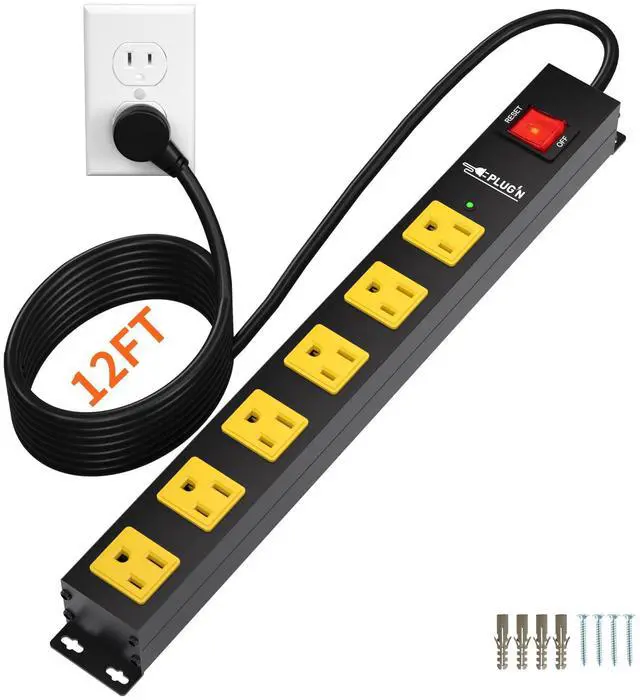 Main image of Power Strip 2700J Surge Protector, Heavy Duty Power Strips with 12FT Long Cord and Flat Plug, Wall Mountable Metal 6 Outlet Strip for Desk, Garage, Workbench and Kitchen