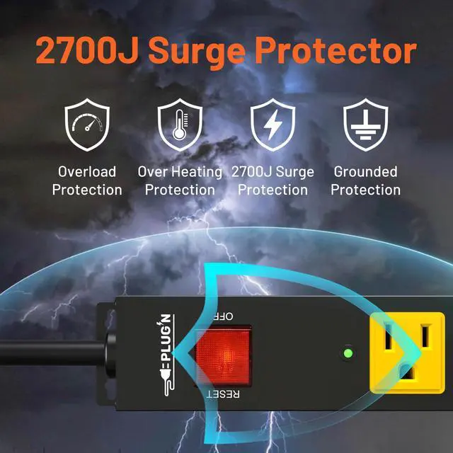 Alt view image 3 of 7 - Power Strip 2700J Surge Protector, Heavy Duty Power Strips with 12FT Long Cord and Flat Plug, Wall Mountable Metal 6 Outlet Strip for Desk, Garage, Workbench and Kitchen