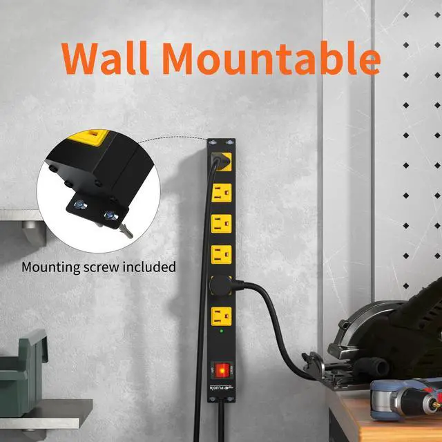Alt view image 4 of 7 - Power Strip 2700J Surge Protector, Heavy Duty Power Strips with 12FT Long Cord and Flat Plug, Wall Mountable Metal 6 Outlet Strip for Desk, Garage, Workbench and Kitchen