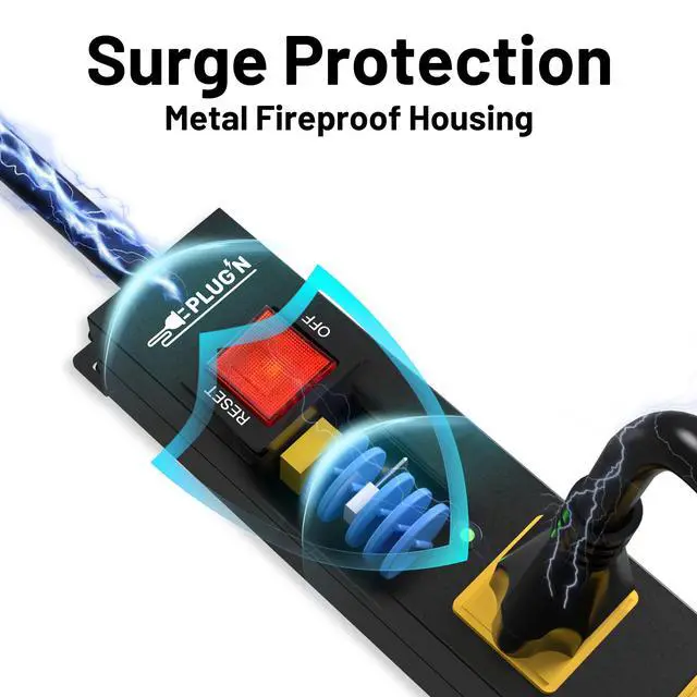 Alt view image 6 of 7 - Power Strip 2700J Surge Protector, Heavy Duty Power Strips with 12FT Long Cord and Flat Plug, Wall Mountable Metal 6 Outlet Strip for Desk, Garage, Workbench and Kitchen