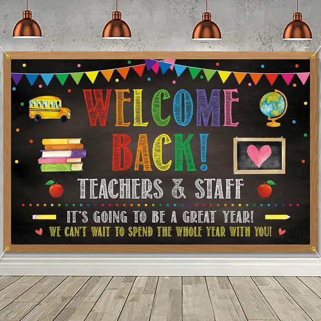 Main image of Welcome Back Backdrop Banner Back to School Backdrop Decoration First Day of School Banner Teachers and Staff Classroom Office Party Background Decoration Photo Booth Props