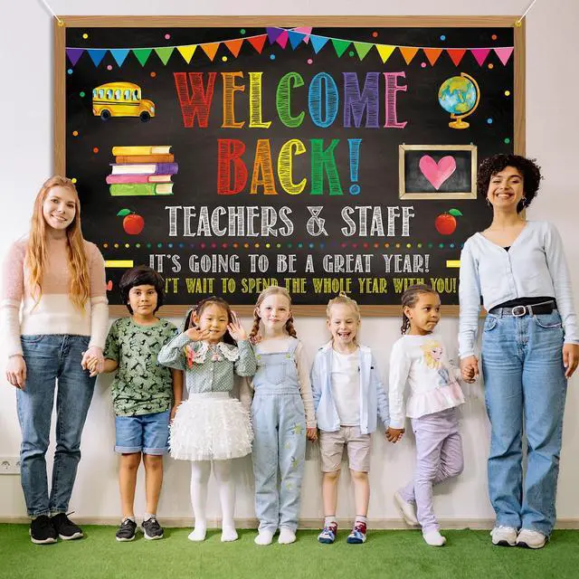 Alt view image 3 of 7 - Welcome Back Backdrop Banner Back to School Backdrop Decoration First Day of School Banner Teachers and Staff Classroom Office Party Background Decoration Photo Booth Props