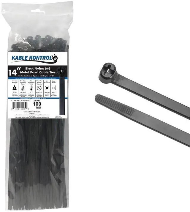 Main image of Metal Pawl Cable Ties, 14 Inch 100 Pcs, 120 Lbs Test Black | Metal Tooth, Stainless Steel Toothed Self-Locking Ties, UV Resistant Steel Barb Zip Ties for Indoor & Outdoor Use