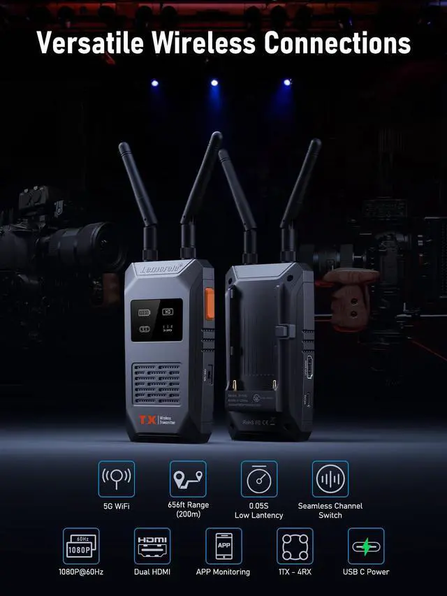 Alt view image 5 of 7 - R1100 Wireless HDMI Transmitter Receiver Kit 656FT 5G WiFi 1TX 1RX | Dual Power: NP-F & USB-C, 1080P@60Hz, 50ms, HDMI Loopout, TUTUPlay Preview, Plug&Play For Camera Streaming