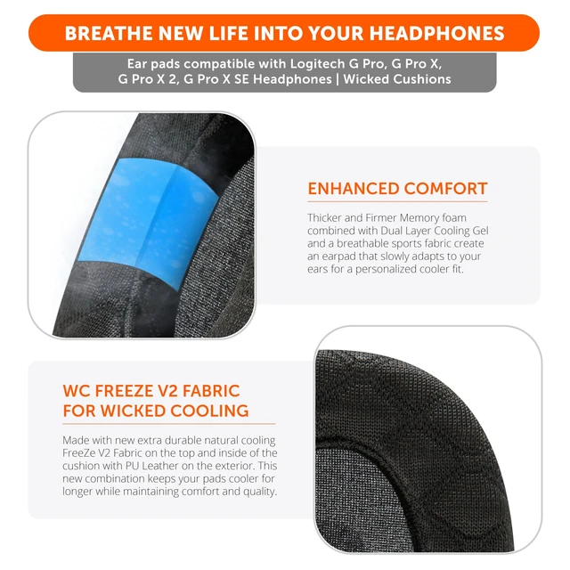 Alt view image 4 of 7 - Freeze G Pro X - Angled Cooling Gel Earpads for Logitech Gpro X Made by Wicked Cushions Extreme Comfort, Angeled Design, New Freeze V2 Cooling Fabric, Extra Thick Black