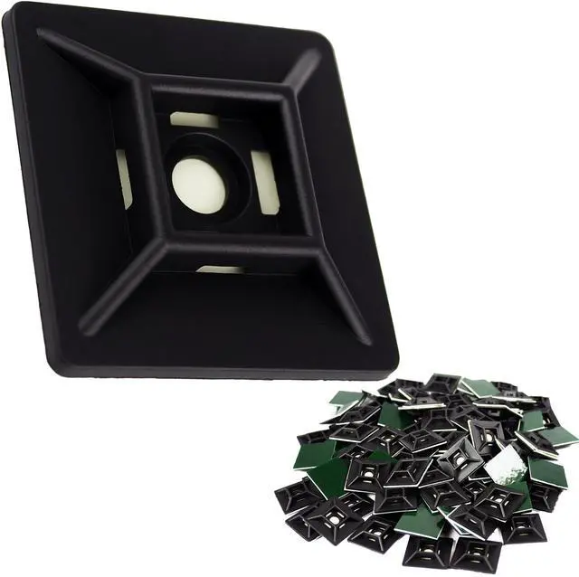 Main image of Zip Tie Adhesive-Backed Mounts 100Pk. Professional-Grade, UV Black Cable Tie Bases, 1.1 x 1.1. Screw-Hole Anchor Point Provides Optimal Strength for Long-Term Durability & Use and Clutter-Free Cables