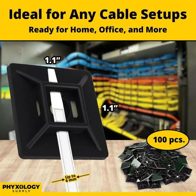 Alt view image 4 of 7 - Zip Tie Adhesive-Backed Mounts 100Pk. Professional-Grade, UV Black Cable Tie Bases, 1.1 x 1.1. Screw-Hole Anchor Point Provides Optimal Strength for Long-Term Durability & Use and Clutter-Free Cables