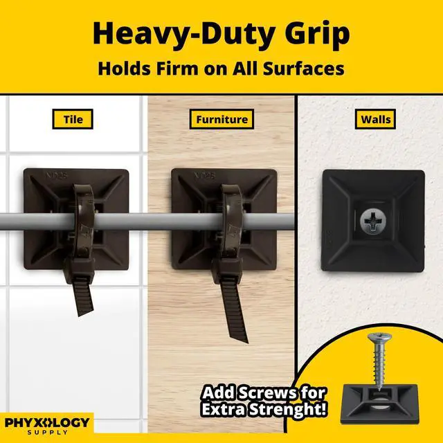 Alt view image 7 of 7 - Zip Tie Adhesive-Backed Mounts 100Pk. Professional-Grade, UV Black Cable Tie Bases, 1.1 x 1.1. Screw-Hole Anchor Point Provides Optimal Strength for Long-Term Durability & Use and Clutter-Free Cables