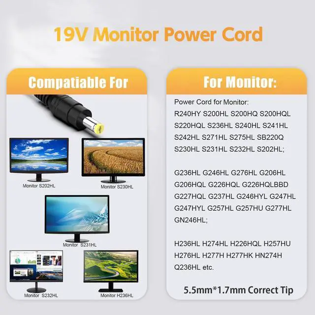 Alt view image 4 of 7 - 19V Power Cord Compatible with Acer Monitor S202HL S271HL SB220Q R240HY R221Q R271 S220HQL S230HL S231HL S232HL S240HL S241HL; H226HQL H236HL H276HL G226HQL G236HL G246HL GN246HL Power Supply