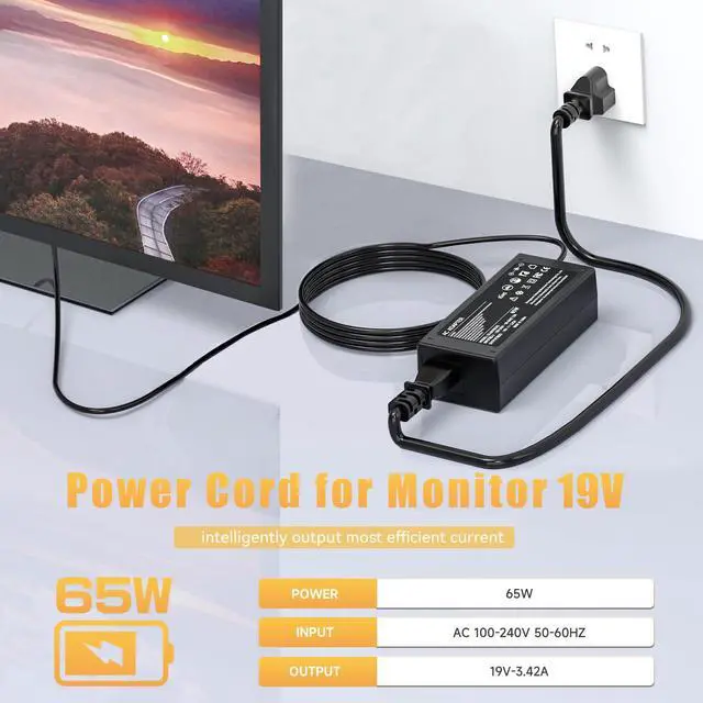 Alt view image 3 of 7 - 19V Power Cord Compatible with Acer Monitor S202HL S271HL SB220Q R240HY R221Q R271 S220HQL S230HL S231HL S232HL S240HL S241HL; H226HQL H236HL H276HL G226HQL G236HL G246HL GN246HL Power Supply
