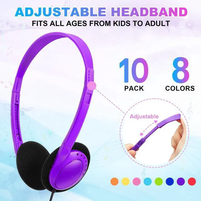 Alt view image 2 of 7 - Kids Headphones Bulk 10 Pack for School Classroom Students K-12, Children Wired Adjustable On Ear Earphones Class Set for Library Airplane Computer 3.5mm Jack (HY103,10 Mixed)