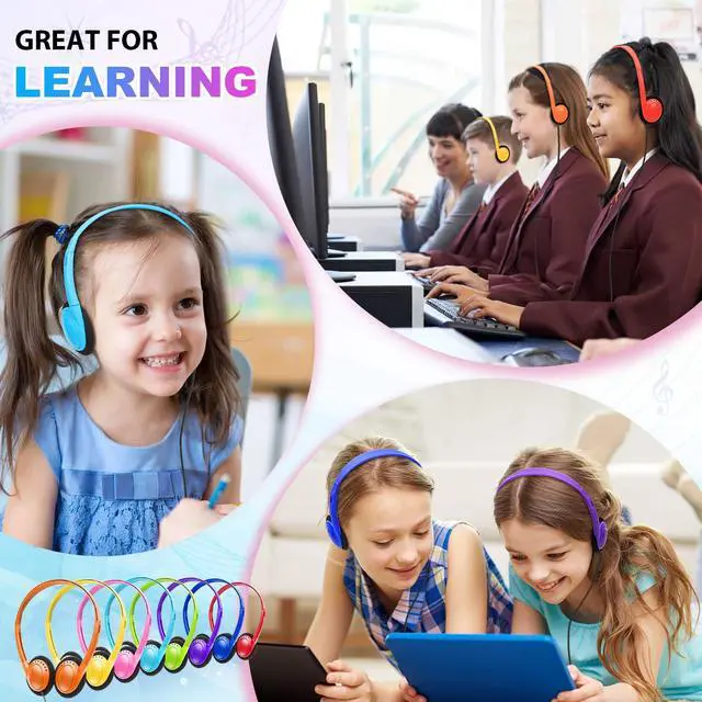 Alt view image 6 of 7 - Kids Headphones Bulk 10 Pack for School Classroom Students K-12, Children Wired Adjustable On Ear Earphones Class Set for Library Airplane Computer 3.5mm Jack (HY103,10 Mixed)