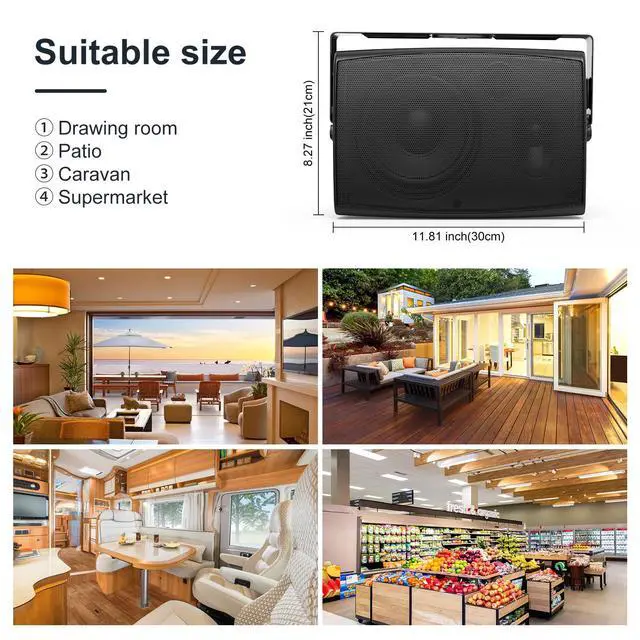 Alt view image 6 of 7 - 6.5-Inch 400W Outdoor Bluetooth Speakers Waterproof Wired, Wall-Mount Waterproof Speaker System for Patio, Home, Poolside, Deck, Backyard (Pair,Black)