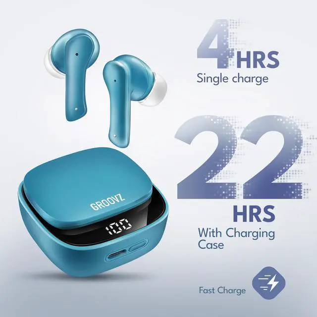 Alt view image 2 of 7 - True Wireless Earbuds with Charging Case - Designed and Engineered in The USA - IPx4 Water Resistant Bluetooth Earbuds Compatible with Apple and Android - 27Hrs Battery Life - Teal