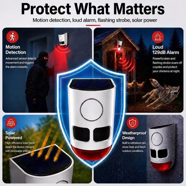 Alt view image 2 of 7 - Solar Motion Sensor Alarm Outdoor Dog Barking Alarm 4 Mode | 129dB Loud Sound Noise Maker IP65 Waterproof Motion Detector with Strobe Light for Yard Farm Garden 2 Pack