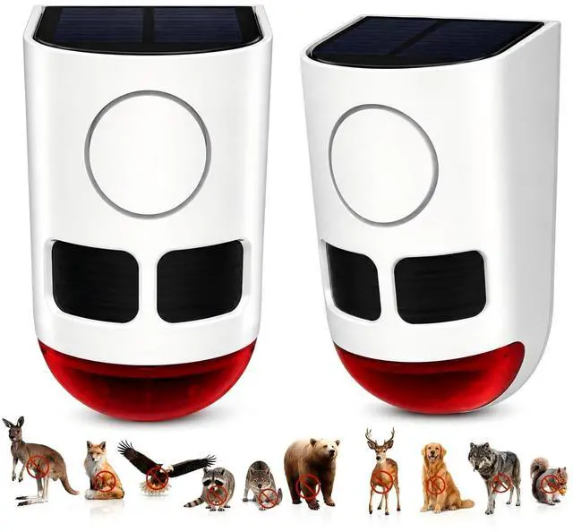 Main image of Solar Motion Sensor Alarm Outdoor Dog Barking Alarm 4 Mode | 129dB Loud Sound Noise Maker IP65 Waterproof Motion Detector with Strobe Light for Yard Farm Garden 2 Pack