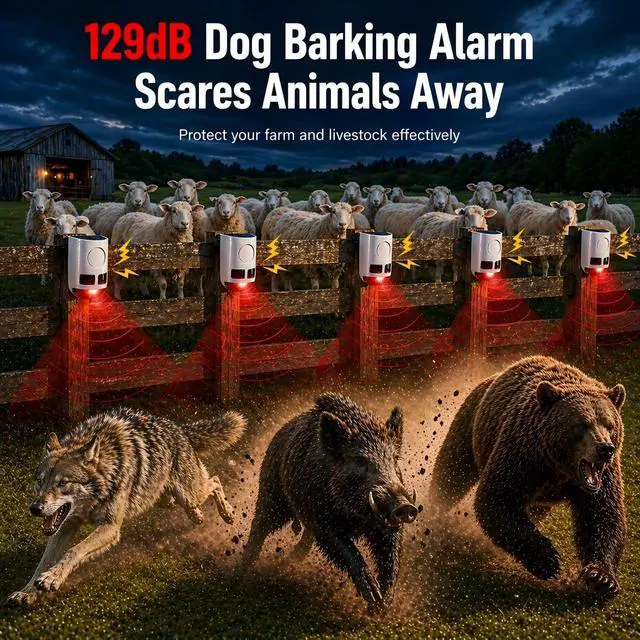 Alt view image 4 of 7 - Solar Motion Sensor Alarm Outdoor Dog Barking Alarm 4 Mode | 129dB Loud Sound Noise Maker IP65 Waterproof Motion Detector with Strobe Light for Yard Farm Garden 2 Pack