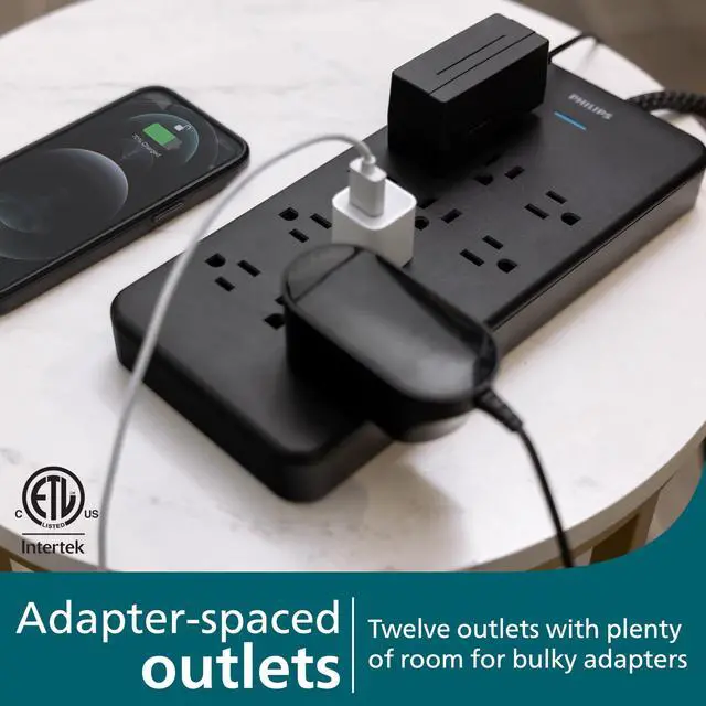 Alt view image 6 of 7 - 12-Outlet Surge Protector Power Strip, 6 Ft Braided Extension Cord | Wide Spaced Outlet Extender, 3500 Joules, Flat Plug, Wall Mount, ETL Safety Listed, Black, SPP3813B/37