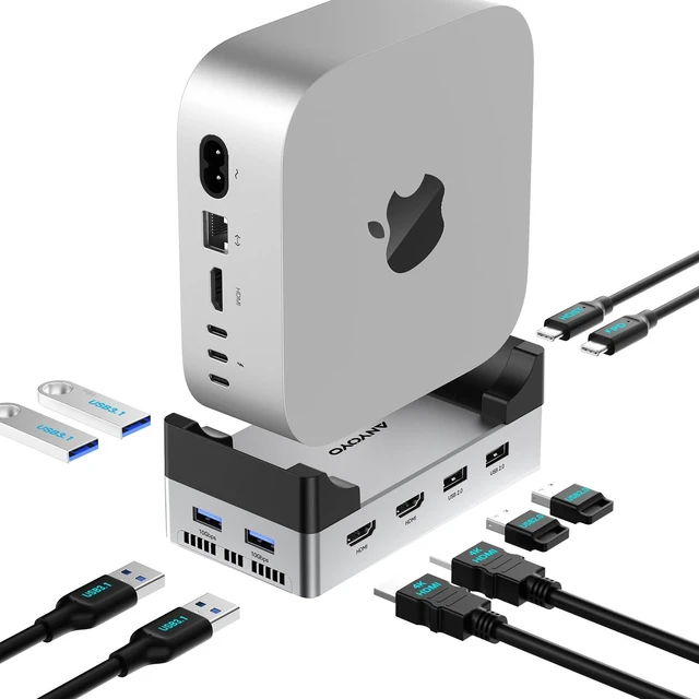 Main image of 40Gbps Docking Station for Mac mini M4/M4 Pro/M6, NVMe SSD Silver aluminum alloy, dual HDMI 4K@60Hz, 4 USB-A 10Gbps, active cooling, Thunderbolt data cable
