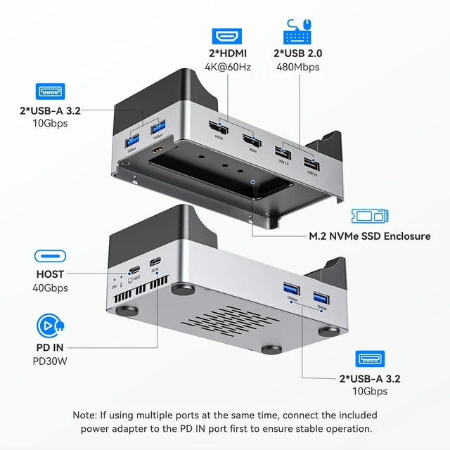 Alt view image 2 of 7 - 40Gbps Docking Station for Mac mini M4/M4 Pro/M6, NVMe SSD Silver aluminum alloy, dual HDMI 4K@60Hz, 4 USB-A 10Gbps, active cooling, Thunderbolt data cable
