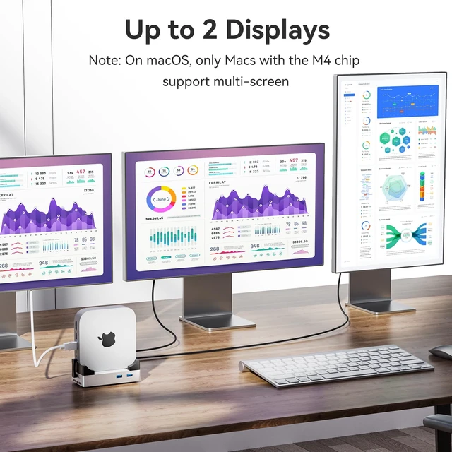 Alt view image 3 of 7 - 40Gbps Docking Station for Mac mini M4/M4 Pro/M6, NVMe SSD Silver aluminum alloy, dual HDMI 4K@60Hz, 4 USB-A 10Gbps, active cooling, Thunderbolt data cable