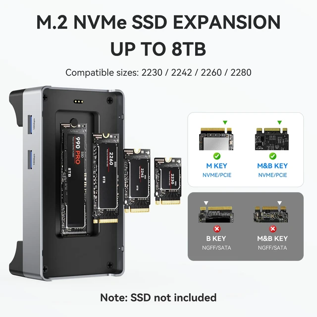 Alt view image 6 of 7 - 40Gbps Docking Station for Mac mini M4/M4 Pro/M6, NVMe SSD Silver aluminum alloy, dual HDMI 4K@60Hz, 4 USB-A 10Gbps, active cooling, Thunderbolt data cable
