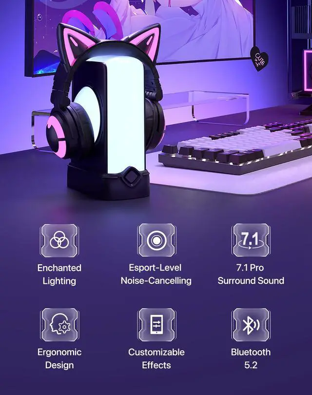 Alt view image 6 of 7 - YOWU Cat Ear Headphones, Cute Cat Ear Gaming Headsets with Bluetooth 5.2 for PC/PE/Switch/PS4/PS5, Built-in Mic & Customizable RGB Light Effect for Anime Lovers(CE Black)