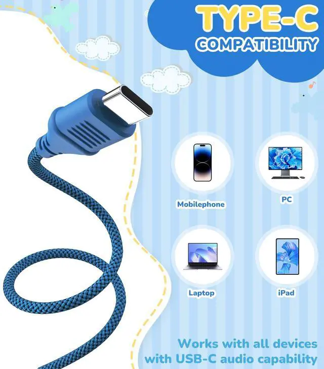 Alt view image 2 of 7 - Upgrade USB Type C Kids Headphones, Wired Headphones for Kids with Microphone for Boys Girls, Adjustable 85dB/94dB Volume Limited (Navy/Blue)