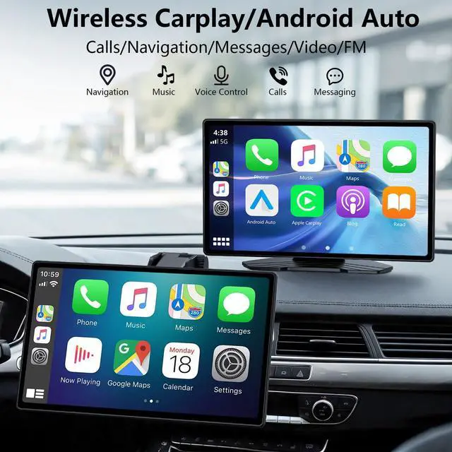 Alt view image 2 of 7 - 9" CarPlay Screen for Car, Wireless Portable CarPlay Screen for Apple Car Play & Android Auto, OTA Updates, Backup Camera, Bluetooth 5.0, Mirror Link, Voice Control, GPS Navigation, FM