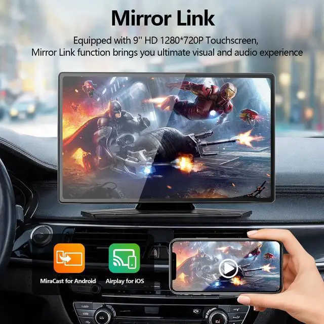 Alt view image 3 of 7 - 9" CarPlay Screen for Car, Wireless Portable CarPlay Screen for Apple Car Play & Android Auto, OTA Updates, Backup Camera, Bluetooth 5.0, Mirror Link, Voice Control, GPS Navigation, FM
