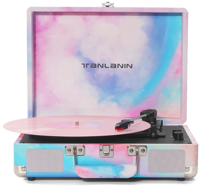 Main image of Watercolor Record Player with Speakers, Bass/Treble Control, Blue Vintage portable suitcase turntable Bluetooth input, 3-speed auto stop, RCA/AUX/headphone jack, home décor gift for dorms