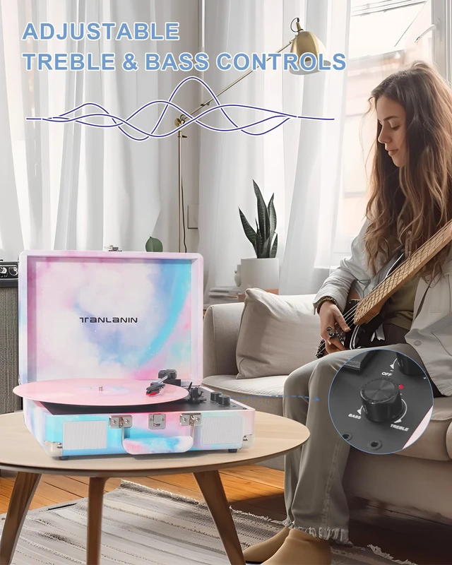 Alt view image 3 of 7 - Watercolor Record Player with Speakers, Bass/Treble Control, Blue Vintage portable suitcase turntable Bluetooth input, 3-speed auto stop, RCA/AUX/headphone jack, home décor gift for dorms