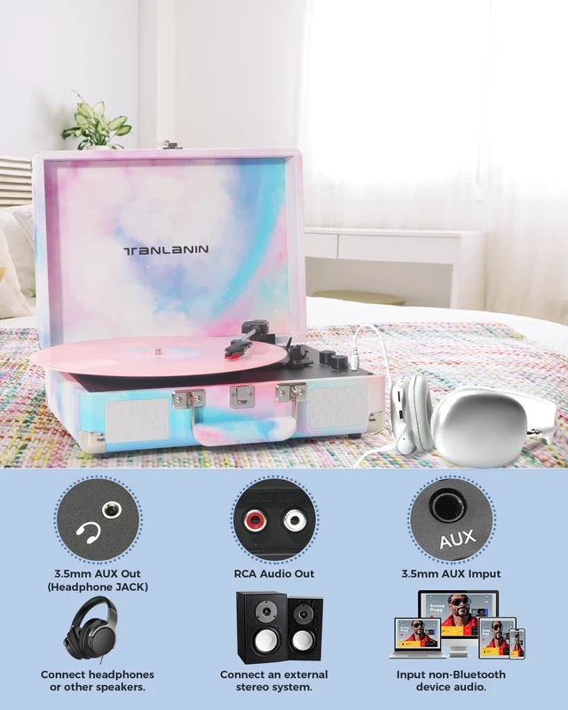 Alt view image 4 of 7 - Watercolor Record Player with Speakers, Bass/Treble Control, Blue Vintage portable suitcase turntable Bluetooth input, 3-speed auto stop, RCA/AUX/headphone jack, home décor gift for dorms