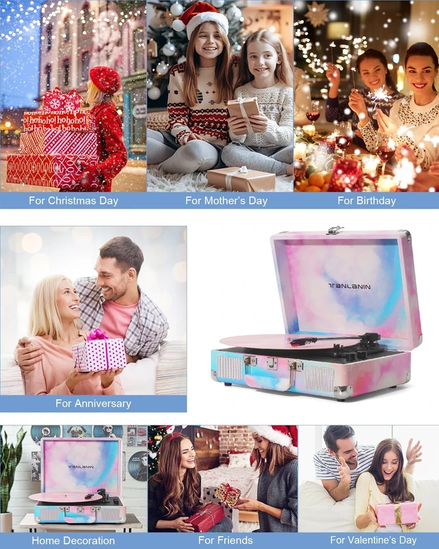Alt view image 7 of 7 - Watercolor Record Player with Speakers, Bass/Treble Control, Blue Vintage portable suitcase turntable Bluetooth input, 3-speed auto stop, RCA/AUX/headphone jack, home décor gift for dorms