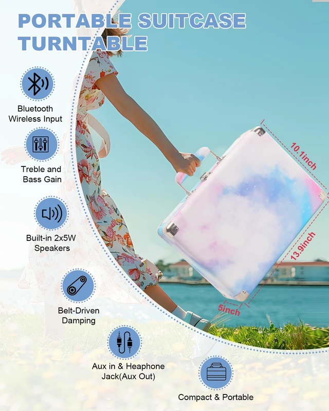 Alt view image 2 of 7 - Watercolor Record Player with Speakers, Bass/Treble Control, Blue Vintage portable suitcase turntable Bluetooth input, 3-speed auto stop, RCA/AUX/headphone jack, home décor gift for dorms
