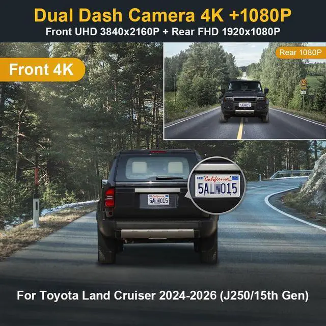 Alt view image 2 of 6 - Front 4K+Rear 1080P Dash Cam Adapts for Toyota Land Cruiser 2024-2026 (J250/Gen15), OEM Factory Look, Dual HD Video, Built-in WiFi & APP, Loop Recording, G-Sensor, Easy to Set, 128GB Card