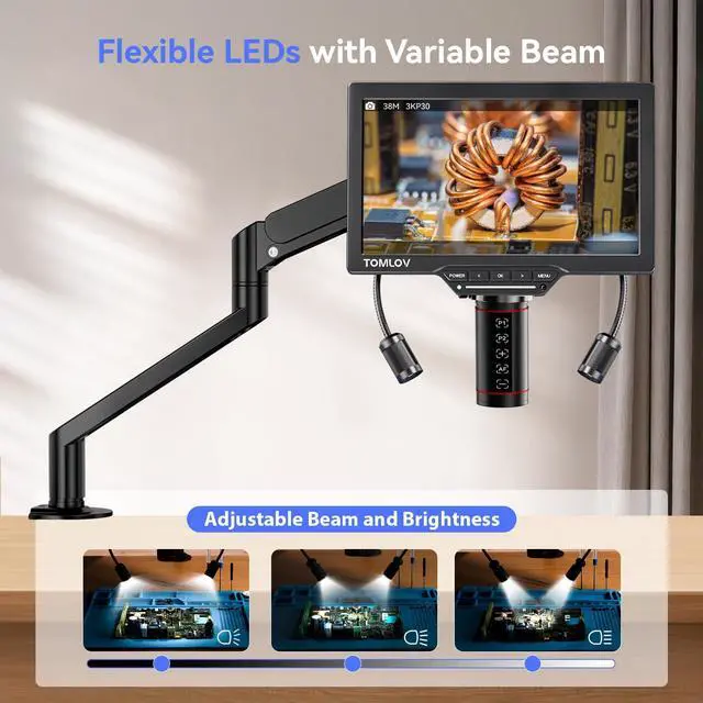 Alt view image 6 of 7 - Autofocus Digital Soldering Microscope, 10.1" TM3K-AF Max Coin Scope | HDMI 3K 38MP Full Coin View Magnifier, Flex Arm Stand, IPS Screen, Side Lights, Repair Mat, DIY Grid Line, Split Screen, 16G