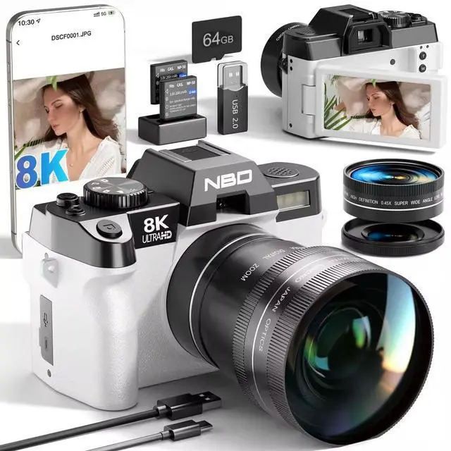 Main image of 8K 64MP Digital Cameras for Photography with Dual-Lens,180°Flip ScreenPoint and Shoot Digital Cameras with 16X Zoom,Autofocus WiFi Vlogging Camera for Beginners, 2 Batteries,64GB Card (White)