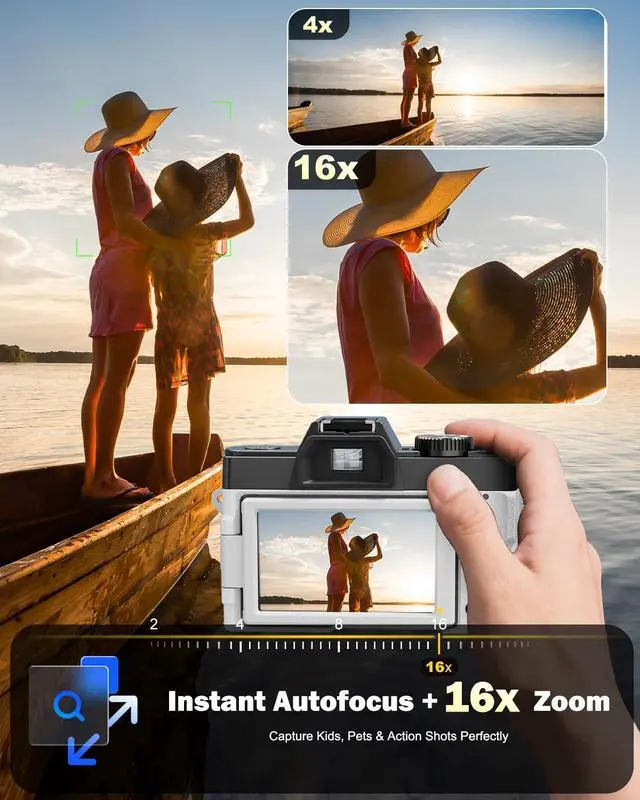 Alt view image 3 of 7 - 8K 64MP Digital Cameras for Photography with Dual-Lens,180°Flip ScreenPoint and Shoot Digital Cameras with 16X Zoom,Autofocus WiFi Vlogging Camera for Beginners, 2 Batteries,64GB Card (White)
