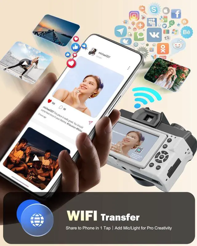 Alt view image 5 of 7 - 8K 64MP Digital Cameras for Photography with Dual-Lens,180°Flip ScreenPoint and Shoot Digital Cameras with 16X Zoom,Autofocus WiFi Vlogging Camera for Beginners, 2 Batteries,64GB Card (White)