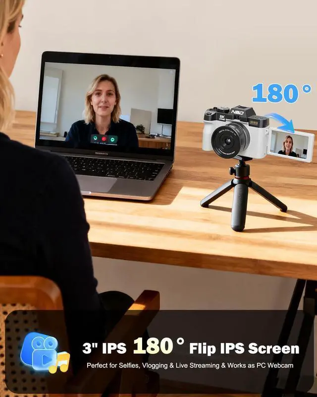 Alt view image 6 of 7 - 8K 64MP Digital Cameras for Photography with Dual-Lens,180°Flip ScreenPoint and Shoot Digital Cameras with 16X Zoom,Autofocus WiFi Vlogging Camera for Beginners, 2 Batteries,64GB Card (White)