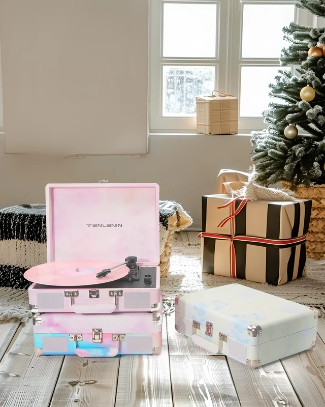 Alt view image 5 of 7 - Watercolor Record Player with Speakers, Bass/Treble Control, Blue Vintage portable suitcase turntable Bluetooth input, 3-speed auto stop, RCA/AUX/headphone jack, home décor gift for dorms