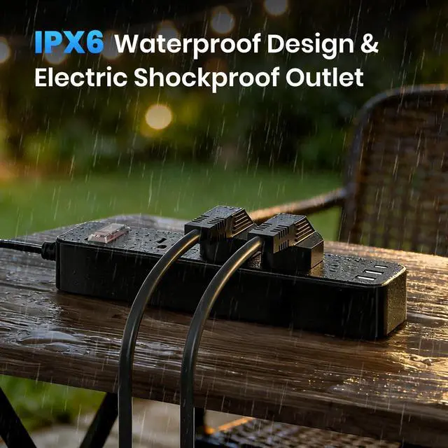 Alt view image 4 of 6 - Outdoor Power Strip Weatherproof, IPX6 Waterproof Surge Protector, Shockproof with 3 Wide Outlet & 3 USB Ports, 6FT Long Extension Cord, Wall Mountable for Outdoor Garden, Patio & Camping (6 FT)
