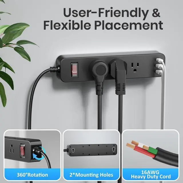 Alt view image 6 of 6 - Outdoor Power Strip Weatherproof, IPX6 Waterproof Surge Protector, Shockproof with 3 Wide Outlet & 3 USB Ports, 6FT Long Extension Cord, Wall Mountable for Outdoor Garden, Patio & Camping (6 FT)