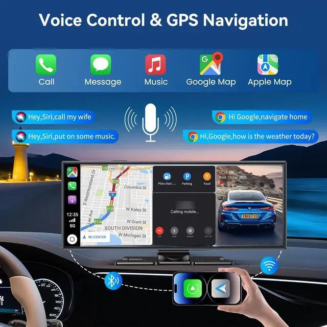 Alt view image 4 of 7 - Carplay Screen for Car, 11.5" Wireless Carplay Screen with 4K Dash Cam, 1080P Rear Camera, Portable Car Stereo with A-pple CarPlay & Android Auto Screen, MirrorLink/TF Card/Siri/Bluetooth/AUX/FM/GPS