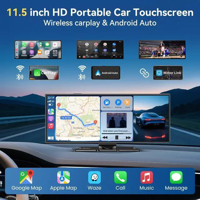 Alt view image 2 of 7 - Carplay Screen for Car, 11.5" Wireless Carplay Screen with 4K Dash Cam, 1080P Rear Camera, Portable Car Stereo with A-pple CarPlay & Android Auto Screen, MirrorLink/TF Card/Siri/Bluetooth/AUX/FM/GPS