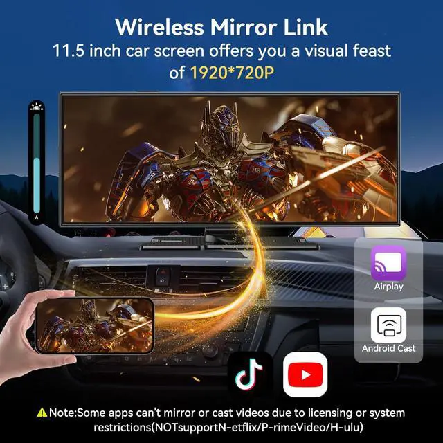 Alt view image 5 of 7 - Carplay Screen for Car, 11.5" Wireless Carplay Screen with 4K Dash Cam, 1080P Rear Camera, Portable Car Stereo with A-pple CarPlay & Android Auto Screen, MirrorLink/TF Card/Siri/Bluetooth/AUX/FM/GPS